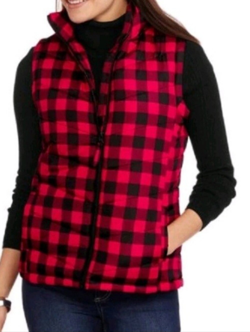 Plaid Quilted Puffer Vest - Red and Black